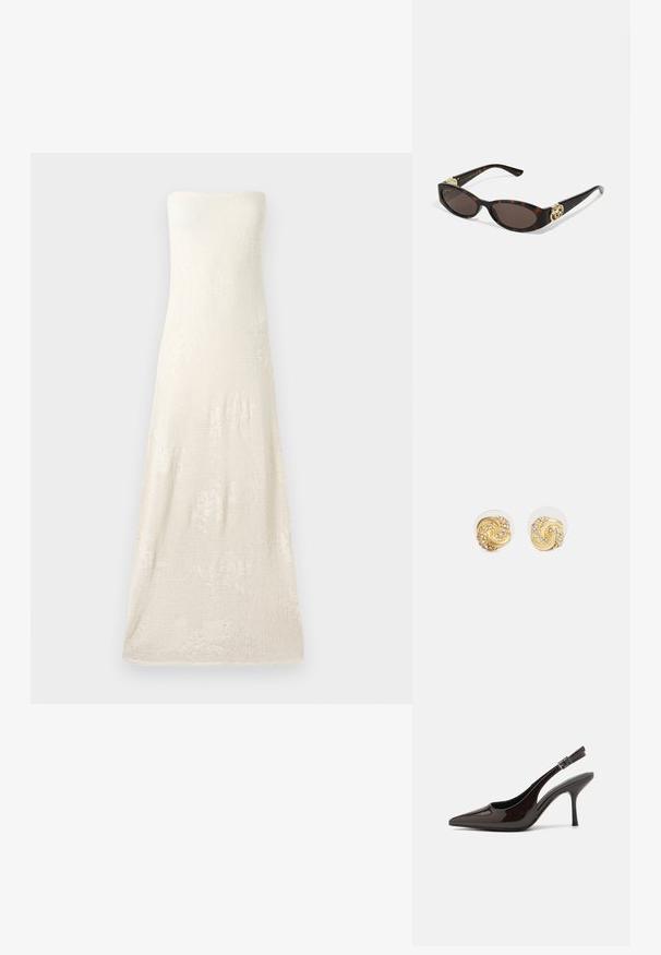 Strapless, bodenlanger Strickkleid in Off-White, mit einem strukturierten Stoff mit dezenten Blumenmustern. Einfaches Saumdesign.; Slingback-Pumps aus glänzendem dunklen braunen Lackleder, mit spitzer Zehenpartie, offenen Seiten und verstellbarem Knöchelriemen.; Schildpatt-Sonnenbrille mit länglich-ovalen Gläsern, braunem Farbton, goldenen Logo-Akzenten an den Bügeln und schlanken schwarzen Bügeln.; Goldwirbel-Ohrringe mit klarem Verschluss, die über texturierte Goldakzente und kleine, klare Edelsteine im Design verfügen.