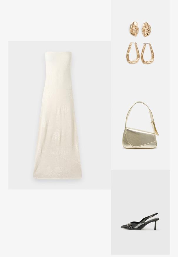 Pánt nélküli, padlóhosszig érő kötött ruha homokszínben, finoman texturált anyaggal, amelyen diszkrét virágminták találhatók. Egyszerű szegésű kialakítás.; Fekete lakk bőr, hegyes orrú slingback cipő, boka pántokkal, ezüst csatokkal és hardverelemekkel, valamint karcsú sarkú.; Arany fémes kézi táska, strukturált dizájnnal, sima felülettel és állítható pánttal. Egyedi háromszög alakú, minimalistának mondható varrásokkal rendelkezik.; Aranyszínű fülbevalók, texturált, hullámos formákkal. Tartalmazza a szobrászati klipszes studokat és az open hoop kialakítást, kalapácsos felülettel.