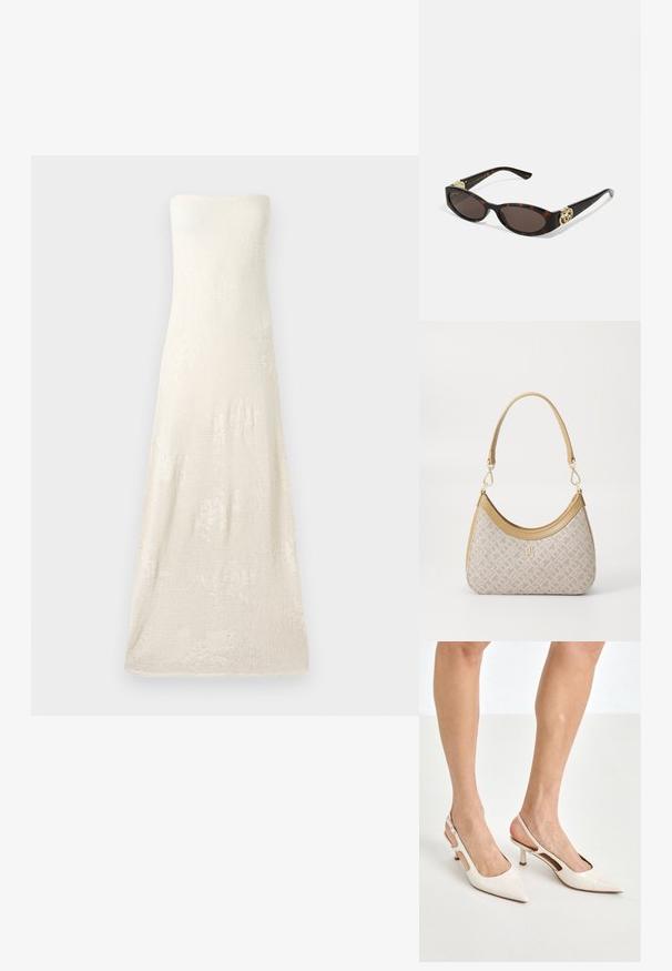 Strapless, bodenlanger Strickkleid in Off-White, mit einem strukturierten Stoff mit dezenten Blumenmustern. Einfaches Saumdesign.; Beige Lackleder Slingback-Absätze mit spitzem Fuß und 5 cm Absatz, mit ausgeschnittenen Seiten und einem schmalen Knöchelriemen.; Schildpatt-Sonnenbrille mit länglich-ovalen Gläsern, braunem Farbton, goldenen Logo-Akzenten an den Bügeln und schlanken schwarzen Bügeln.; Beige gemusterte Handtasche mit geschwungener Form, Lederakzenten und einem goldfarbenen Logo auf der Vorderseite. Verfügt über einen kurzen Griff für einfaches Tragen.; Perlen- und Kristallhalskette mit einem runden, perlenbesetzten Design in sanften Farbtönen, das abwechselnd Perlen und funkelnde Akzente zeigt, um den Hals getragen.