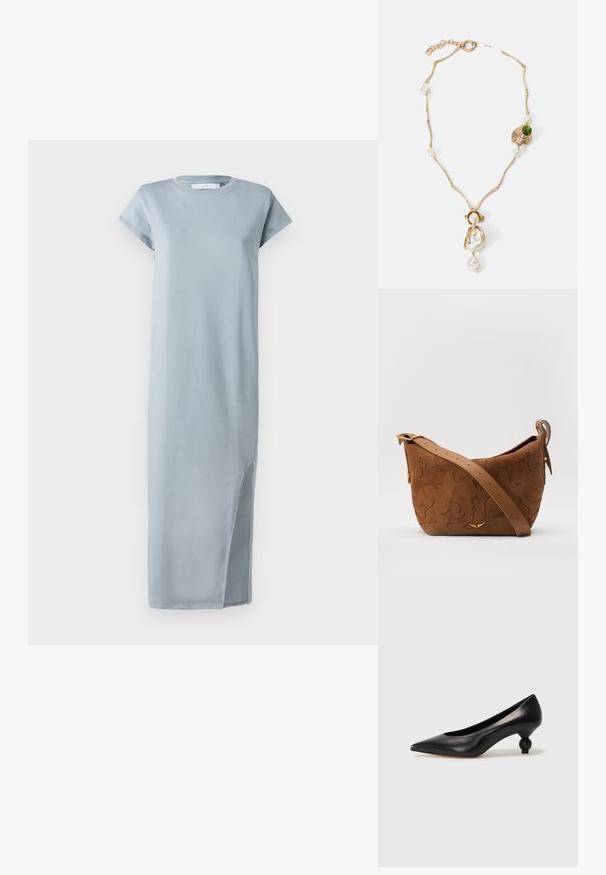 Mėlynos spalvos medvilnės suknelė su apvaliomis iškirptėmis, trumpomis rankovėmis ir šlaunį atidengiančiu šonu. Lygus audinys, iki kulkšnies ilgio.; Juoda odinė aukštakulnė bateliai su smailiu pirštu ir apvaliu, iškiliu kulnu. Lygus paviršius su elegantišku, minimalistiniu dizainu.; Ruda suedes pečių rankinė su išsiuvinėtu gėlės dizainu, papildyta lygiu ruduo odos diržu ir auksinės spalvos detalėmis.; Auksinės spalvos apyrankė su susuktomis grandinėmis, baltais perlais ir žaliuoju akmeniu. Pasižymi sudėtingais detalėmis ir užsegimu.