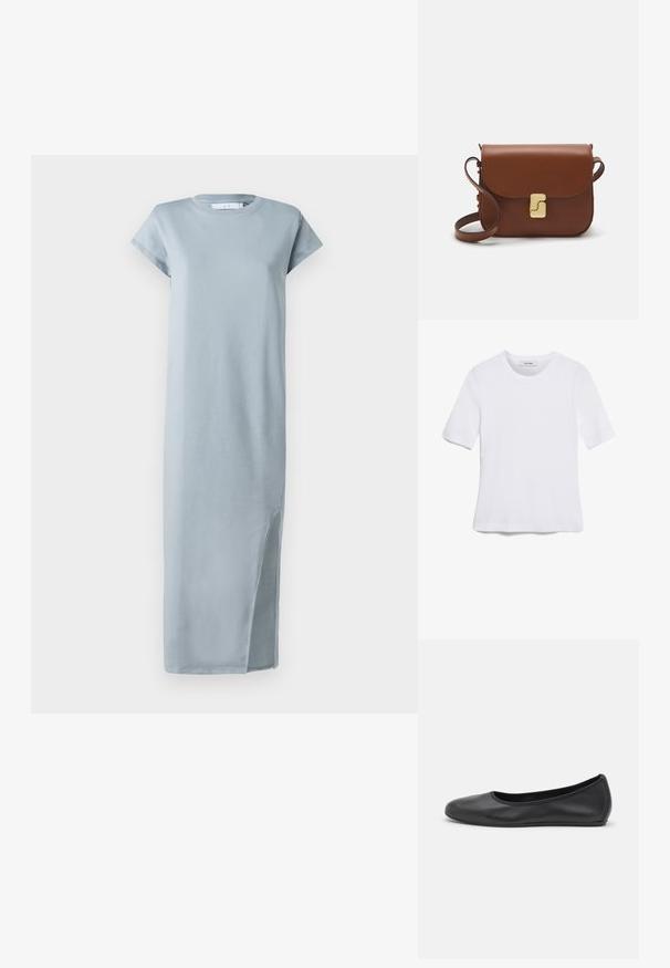 Gaiši zila kokvilnas kleita ar apaļu dekoltē, īsām piedurknēm un augšstilba augstumā pusē atvērumu. Gluda tekstūra, potīšu garuma dizains.; Balta īsām piedurknēm T-krekls, izgatavots no ribota auduma. Apaļš izgriezums, regulāra piegriezuma un diskrēti šuvumu detaļas. Bez printiem vai grafikām.; Melna ādas baleta kurpe ar noapaļotu purngalu, gludu tekstūru, minimālu šuvju detalizāciju un elastīgu zoles dizainu.; Bordo ādas rokas soma ar atloku, zeltītām detaļām, plecu siksnu un gludu virsmu. Kompakta, taisnstūrveida forma.