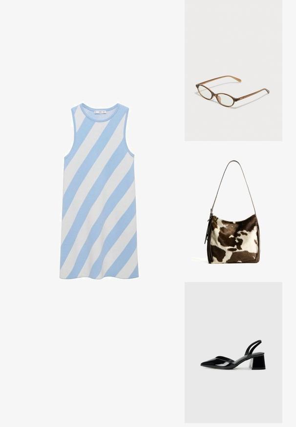 Hihaton mekko, jossa on sinivalkoisia vinoraitoja. Valmistettu ribbikankaasta, jossa on pyöreä pääntie ja rento malli.; Mustat patentoitu nahkakengät, joissa on säären takaosa ja terävä kärki, sekä geometrinen palikkakorko. Sisältää tyylikkään, minimalistisen muotoilun ja sileän pinnan.; Ruskeat kilpikonnaruutulasiset silmälasit, joissa ovaalit linssit, ohuet varret ja läpinäkyvät yksityiskohdat. Temppeleissä on huomaamaton logo. Suunnittelultaan suora ja kevyt.; Ruskea ja kerma cowhide-olkalaukku, jossa on sileä nahkahihna, vetoketju ja pehmeä, teksturoitu pinta, jossa on luonnollinen kuvio.