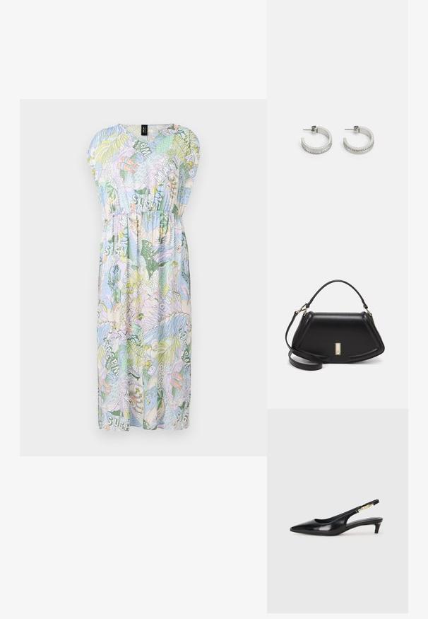 Korte mouwen, V-hals jurk in lichtblauw met kleurrijke tropische patronen, voorzien van een elastische taille en een knielange, vloeiende stijl.; Zwarte leren slingback hakken met een spitse neus, voorzien van een slanke hak en een goudkleurige accent op de verstelbare band. Gladde textuur.; Zwarte leren handtas met een gestructureerd ontwerp, featuring een verkorte vorm, bovenhandvat en gouden hardwareaccent. Inclusief verstelbare schouderband.; Zilveren oorringen met een gladde oppervlakte en een rij kleine heldere stenen langs de onderrand, met een achterkant met een knop.