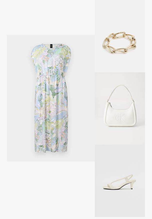 Šaty s krátkým rukávem a výstřihem ve tvaru V v světlé modré barvě s barevnými tropickými vzory, mají elastický pas a jsou splývavé do délky kolen.; Krémové sandály na bloku s tenkými popruhy a čtveratou špičkou. Hladký materiál s minimálními detaily, navržené pro snadné nošení.; Bílá kožená kabelka s křivkovým tvarem, na přední straně s vyraženým logem "CK" a jediným ramenním popruhem. Zipový uzávěr na vrchu.; Náhrdelník ve zlaté barvě s propletenými podlouhlými články s hladkým, lesklým povrchem. Každý článek má odlišný oválný tvar.