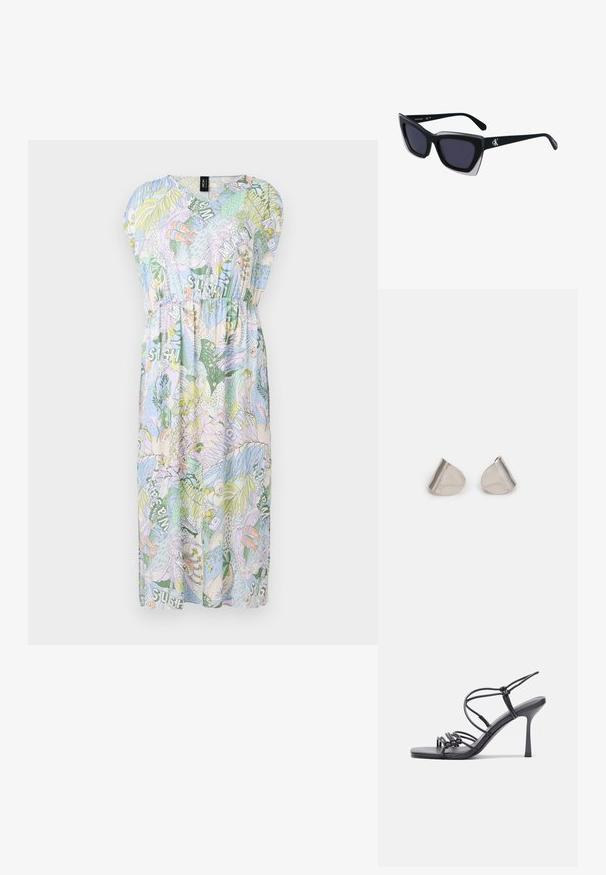 Rochie cu mâneci scurte, de tip V, de culoare albastră deschisă, cu modele tropicale colorate, având talie elastică și un design fluid până la genunchi.; Sandale negre cu toc înalt au curele subțiri cu un design legat, un vârf pătrat neted și un toc stiletto elegant.; Ochelari de soare supradimensionați, negri, cu o formă geometrică, având lentile întunecate și un detaliu gri contrastant pe ramă. Logo pe braț.; Cercei din metal argintiu cu o formă netedă, în formă de lacrimă și un finisaj lucios. Gravuri subtile adaugă detalii. Design minimalist.
