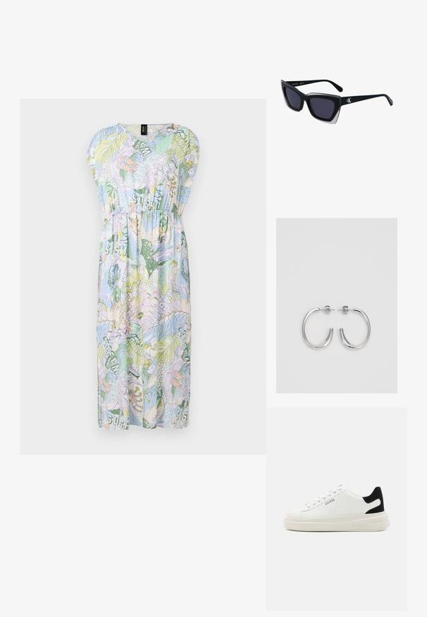Sukienka z krótkim rękawem i dekoltem w kształcie V w jasnoniebieskim kolorze z kolorowymi tropikalnymi wzorami, z elastyczną talią i długością do kolan, o zwiewnym kroju.; Białe skórzane sneakersy z grubą białą podeszwą, czarnym zamszowym akcentem na pięcie oraz wytłoczonym logotypem z boku. Projekt z sznurówkami i sześcioma dziurkami.; Czarne, oversize okulary przeciwsłoneczne o geometrycznym kształcie, z ciemnymi soczewkami i kontrastującym szarym detalem na oprawie. Logo na ramieniu.; Srebrne kolczyki na biglu o gładkim, błyszczącym wykończeniu. O zaokrąglonym kształcie, lekkim designie, z zamknięciem na zatrzask.