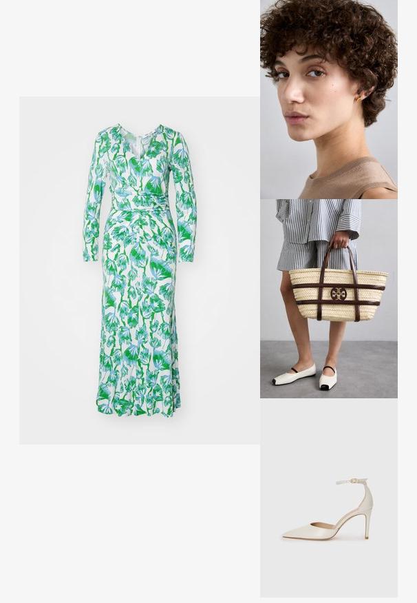 Diane von Furstenberg TIMMY DRESS - Trikotāžas kleita - sea trees; Baltas ādas augstpapēžu kurpes ar smailu purngala daļu, potītes siksniņu un šauru stiletto papēdi. Gluda tekstūra ar smalku spīdumu.; Austa salmu somiņa ar brūniem ādas akcentiem un rokturiem. Iekļauj izgriezumu ar logotipu un kontrastējošām horizontālajām joslām.; Kvalitatīvi brūni, viļņaini mati, gaiša ādas toni, valkā zelta auskaru. Fons ir neitrāls pelēks, koncentrējoties uz subjekta sejas īpašībām.