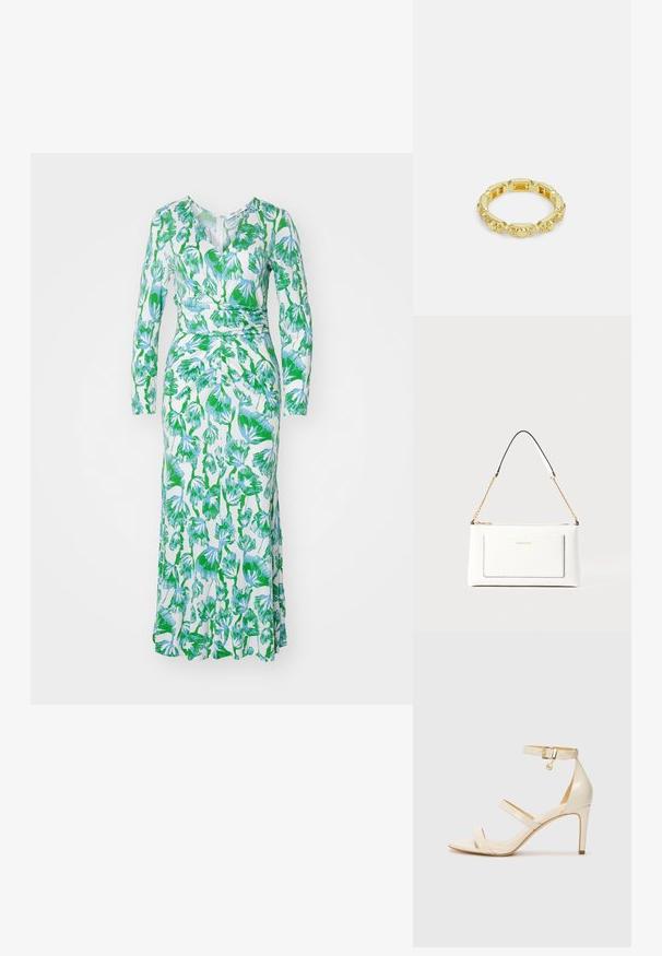 Diane von Furstenberg TIMMY DRESS - Trikoomekko - sea trees; Beige korkokengät, joissa on ohut nilkkaremm ja kaksi yläremmiä. Kiiltävä patenttiviimeistely ja kultaiset yksityiskohdat nilkkaremmin kohdalla.; Valkoinen nahkalaukku tekstuuripinnalla, jossa on kultaketjuolkaimet ja mustia yksityiskohtia. Mukana etutasku ja vetoketjusulku.; Kultarikkaan sävyinen sormus, jossa on teksturoitu muotoilu, pyöreitä koristeita ja pieniä kirkkaita kiviä asetettuina pyöreälle renkaalle.