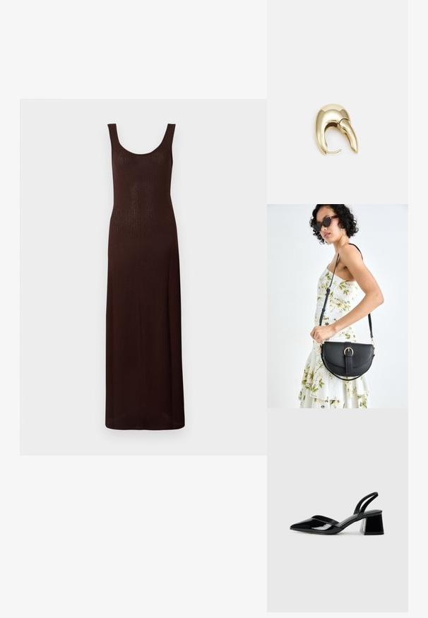 Rjava rebrasta maksi obleka s kroženim izrezom in brez rokavov, s prilagojeno silhueto in gladko teksturo.; Črne lakirane slingback pete s koničastim nosom in geometrijsko blokasto peto. Imajo eleganten, minimalističen dizajn in gladko teksturo.; Črna usnjena torbica s ukrivljeno obliko, z odstranljivo naramnico in zlatimi dodatki. Torbica ima pokrov s podrobnostmi v obliki zaponke.; Uhane nakit iz zlatastega tona z gladko, ukrivljeno zasnovo. Ima edinstveno koničasto obliko, polirano površino in zaponko s tečajem.
