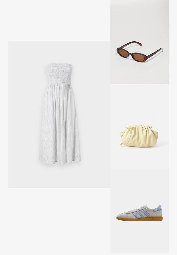 Olkapäämnä, polveen ulottuva mekko vaaleanharmaana, jossa on pystysuorat valkoiset raidat. Mekossa on rypytetty yläosa ja valuva hame, jossa on sivureiät.; Harmaa nubuk-nilkkkenkä, jossa on vaaleansinisiä raitoja, kuminen pohja ja logo-koristelu. Matalaprofiilinen muotoilu, pyöreä kärki ja nauhakiinnitys.; Pyöreät, ruskehtavat aurinkolasit, joissa on kiiltävä burgundinpunainen runko. Kapeat sivut, joissa on hienovarainen brändäys. Litteät linssit.; Keltainen pleidattu käsilaukku, joka on valmistettu sileästä keinonahasta. Laukussa on pehmeä muoto, yksittäinen olkahihna ja rypytetty yläosa.