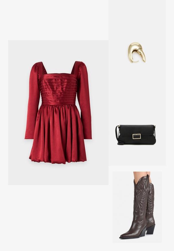Vestido rojo con mangas largas, escote cuadrado y falda plisada. Hecho de una tela suave con un cuerpo texturizado y detalles de cintura fruncida.; Botas de vaquero de cuero marrón con punta afilada y tacón cuadrado, que presentan costuras detalladas y acentos elevados en el caño.; Bolso de mano de cuero negro con una solapa y un detalle de hebilla de metal dorado. Incluye una correa negra y un diseño elegante y minimalista.; Pendiente de metal en tono dorado con un diseño elegante y curvado. Presenta una forma puntiaguda distintiva, superficie pulida y cierre de bisagra.