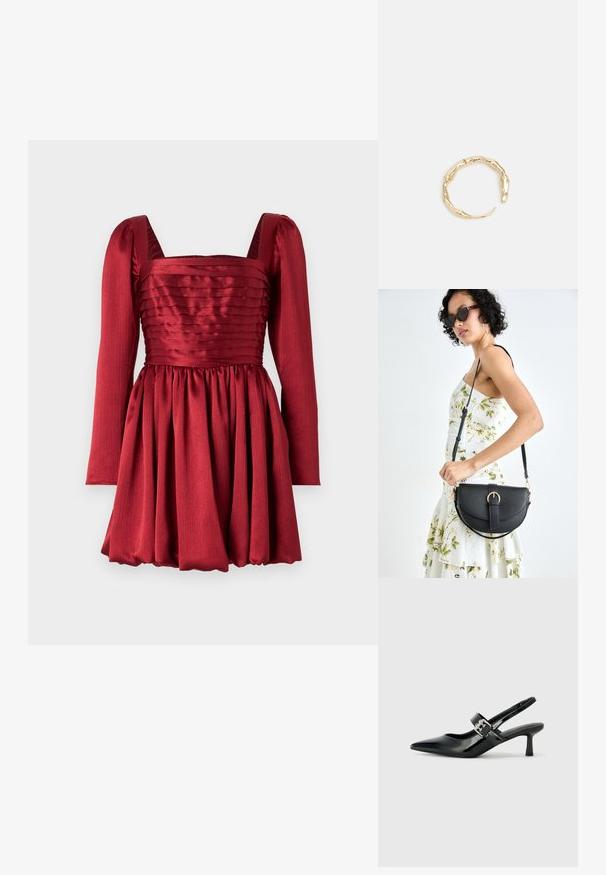 Rdeča obleka z dolgimi rokavi, kvadratnim izrezom in nabranim krilom. Narejena iz gladkega blaga z teksturiranim trupom in nabranim detajlom v pasu.; Črne patent usnjene slingback pete s koničastim nosom in majhnim blok peto, ki vključujejo srebrno zaponko na traku.; Črna usnjena torbica s ukrivljeno obliko, z odstranljivo naramnico in zlatimi dodatki. Torbica ima pokrov s podrobnostmi v obliki zaponke.; Zlati prstan s organskim, zvitim dizajnom, gladko površino in taperiranimi konci, ki ustvarja modernega, skulpturalnega videza.
