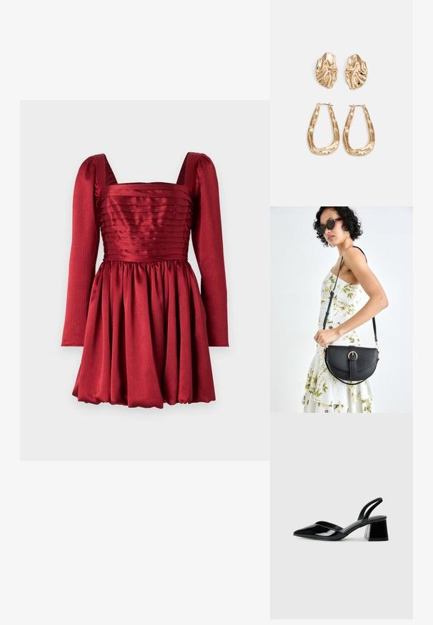 Sarkans kleita ar garām piedurknēm, kvadrātveida kakla izgriezumu un plisētu svārku. Izgatavota no gludas auduma ar strukturētu krūšu daļu un savāktā jostas detaļām.; Melna lakota āda ar atvērto papēdi, ar smailu purngalu un ģeometrisku blokpapēdi. Iezīmējas elegants, minimāls dizains un gluda tekstūra.; Melnas ādas rokassoma ar izliekta formu, noņemamu siksnu un zelta aksesuāriem. Somai ir vāciņš ar sprādzes detaļu.; Zelta krāsas auskari ar teksturētām, viļņotām formām. Iekļauts skulpturāls piespraužams modelis un atvērta gredzenveida konstrukcija ar izsistām virsmām.