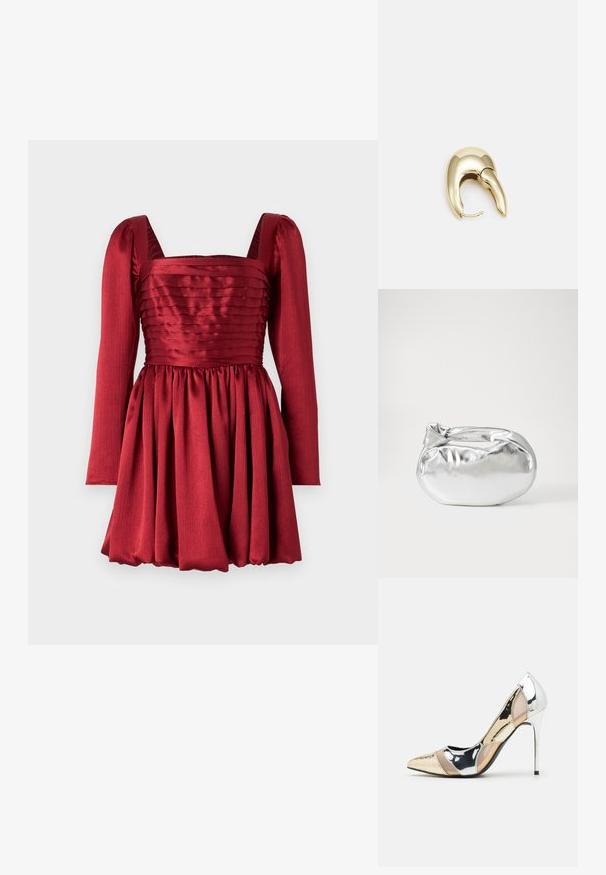 Abito rosso con maniche lunghe, scollo quadrato e gonna plissettata. Realizzato in tessuto liscia con corpino testurizzato e dettagli arricciati in vita.; Scarpa con tacco alto a punta, con una combinazione di colori argento, oro e nudo. Finitura lucida con design a ritaglio, con tacco a stiletto.; Borsa a pochette metallica argentea con una forma morbida e arrotondata e chiusura superiore annodata. Realizzata in materiale sintetico morbido.; Orecchino in metallo color oro con un design elegante e curvo. Presenta una forma appuntita distintiva, superficie lucida e chiusura a cerniera.