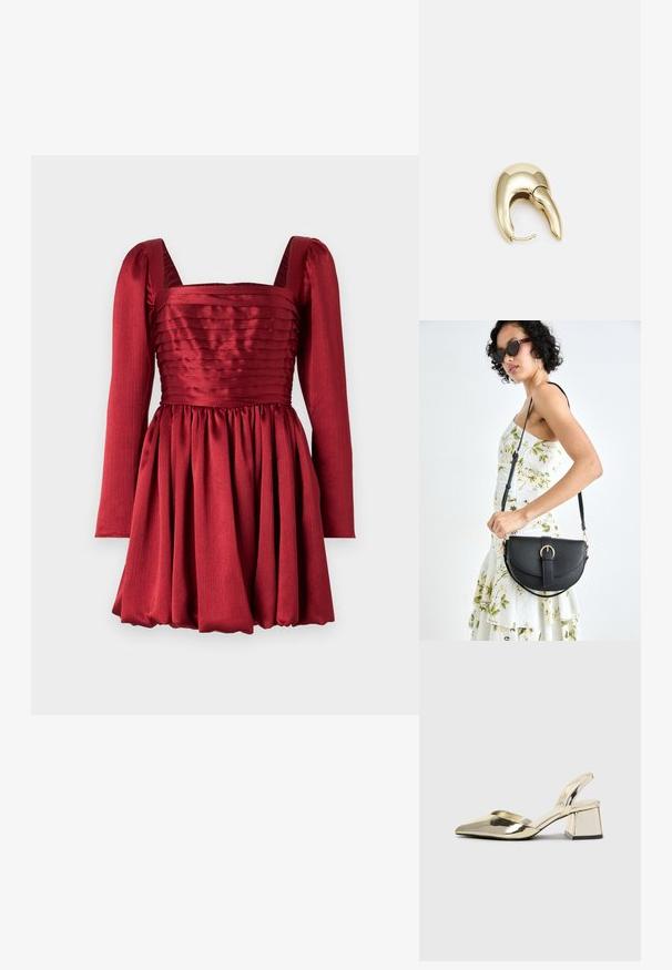 Sarkans kleita ar garām piedurknēm, kvadrātveida kakla izgriezumu un plisētu svārku. Izgatavota no gludas auduma ar strukturētu krūšu daļu un savāktā jostas detaļām.; Zeltaini, metāla kurpes ar siksniņām, norakans purngalis un masīla papēdis. Gluda tekstūra, minimālisma dizains un šaura siksna.; Melnas ādas rokassoma ar izliekta formu, noņemamu siksnu un zelta aksesuāriem. Somai ir vāciņš ar sprādzes detaļu.; Zeltīti metāla auskari ar gludu, izliekta dizaina. Ar atšķirīgu smailu formu, pulētu virsmu un eņģu aizdari.