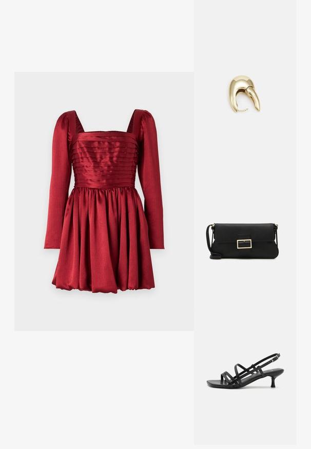 Punane kleit pikkade varrukatega, ruudukujulise kaelusega ja volditud seelikuosaga. Valmistatud siledast kangast, millel on tekstuuriline kehaosa ja kogutud talje detailid.; Mustad musta kandaga sandaalid, millel on mitmed risti minevad rihmad. Sile materjal, terav nina ja kitsas konts. Reguleeritav pahkluuri rihm klambriga.; Must haben musta nahkklahviga kott, millel on klapp ja kuldne metallist pandla detail. Kaasas must rihm ja stiilne, minimalistlik disain.; Kuldtooni metallist kõrvarõngas, millel on elegantne ja kaarjas disain. Omab silmapaistvat teravat kuju, poleeritud pinda ja hingesulgemist.