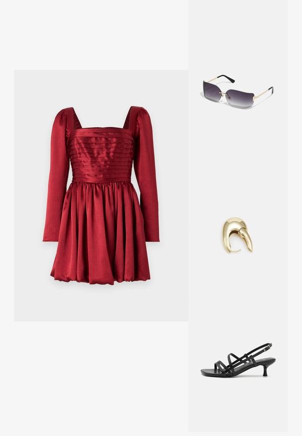 Raudona suknelė su ilgomis rankovėmis, kvadratiniu iškirpimu ir klostuotu sijonu. Pagaminta iš lygaus audinio, su tekstūruotu liemeniu ir surinkto juosmens detalėmis.; Juodos aukštakulnės šlepetės su keliais perrištomis juostelėmis. Lygi medžiaga, smailas nosis ir siauras kulnas. Reguliuojama kulkšnies juostelė su sagtimi.; Akiniai nuo saulės su pilku gradientiniu lęšiuku, aukso metalo rėmu ir juodomis plastikinėmis detalėmis. Išskirtiniai drugelio formos lęšiai su plonomis kojelėmis.; Aukso tono metalinės auskarai su stilingu, kreiviu dizainu. Išsiskiria ryškiu smailiu pavidalu, poliruota paviršiumi ir užsegimu su vyriu.