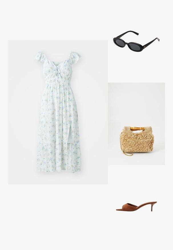 Helles blaues Maxikleid mit kurzen Rüschensäulen, gerafftem Oberteil und seitlichem Schlitz. Es hat kleine grüne und gelbe Blumenmuster.; Braune Wildleder-Pantoletten mit offenen Zehen und einem geschwungenen Design, ausgestattet mit einem niedrigen Stiletto-Absatz und glatten, minimalistischen Linien.; Schwarze, oversized Sonnenbrillen mit ovalen Gläsern, glattem Kunststoffrahmen und goldenen Akzenten an den Bügeln. Die dunklen Gläser bieten Sonnenschutz.; Geflochtene Strohtasche mit Bambusgriffen, ausgestattet mit einem strukturierten Fransen-Design in natürlichem Beige und einem goldenen Kettenriemen.