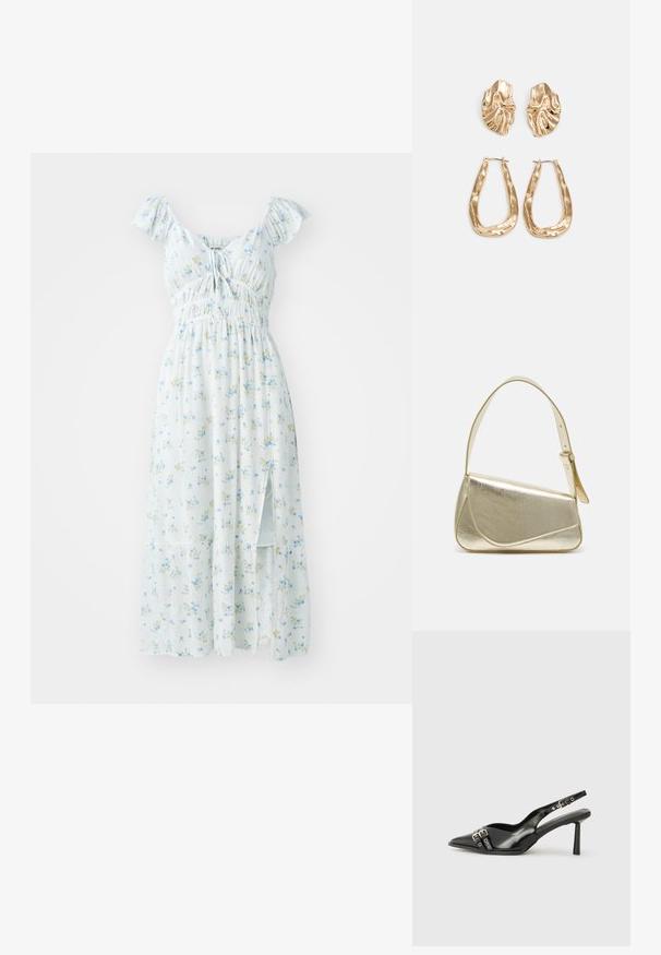 Lyseblå blomstrete maxikjole med korte volangerm, smocket liv og sidesliss. Har små grønne og gule blomster mønstre.; Sorte patentlær slingback-sko med spiss tå, ankelremmer med sølvspenner og detaljer, og en slank hæl.; Gullfarget metallisk håndveske med en strukturert design, glatt tekstur og justerbar stropp. Har en unik trekantet form og minimalistisk søm.; Gullfargede øredobber med teksturerte, bølgete former. Inkluderer skulpturelle klipsstuds og åpen hoop-design med en hamret finish.