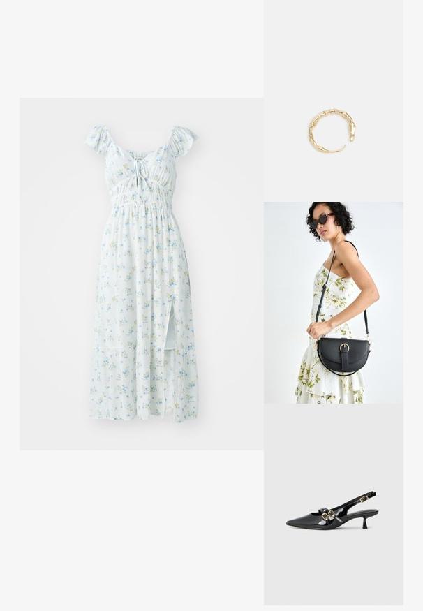 Svetlo modra cvetna maksi obleka s kratkimi volančkastimi rokavi, nagubanimi prsnimi deli in stranskim razporkom. Ima majhne zelnate in rumene cvetlične vzorce.; Črne patentne usnjene petke s slingback dizajnom, ostrim nosom, dvema trakoma z zlatimi sponkami in kratko kitten peto. Gladka tekstura.; Črna usnjena torbica s ukrivljeno obliko, z odstranljivo naramnico in zlatimi dodatki. Torbica ima pokrov s podrobnostmi v obliki zaponke.; Zlati prstan s organskim, zvitim dizajnom, gladko površino in taperiranimi konci, ki ustvarja modernega, skulpturalnega videza.