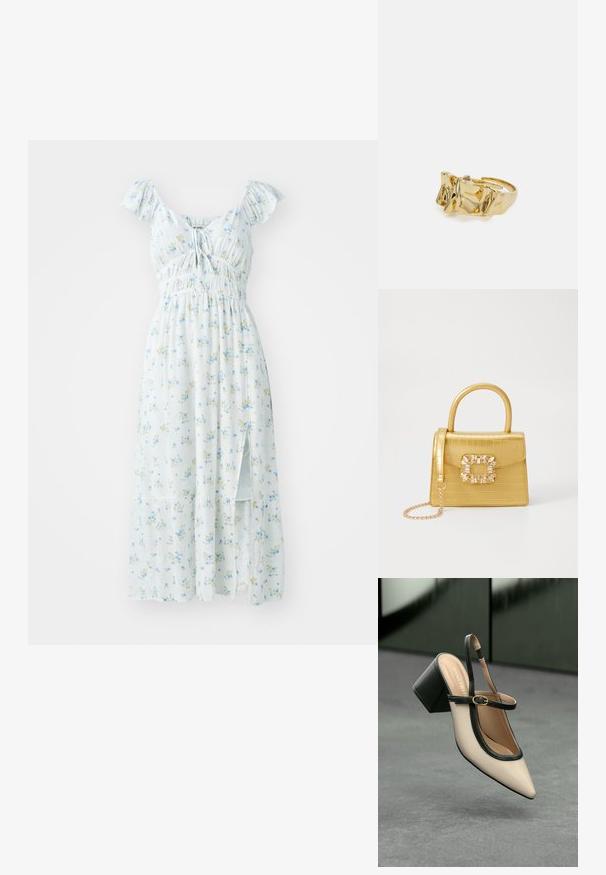 Heled sinise lillemustriga maksimekko lühikeste rippuvate varrukatega, kokku plekitud rinnaosaga ja külje lõhiku ning väikeste roheliste ja kollaste lillemusterdega.; Beesidega teravatoe slingback king, musta äär ja kuldne pandla, tummise plokk-kontsa peal hallil põrandal tumesinise tausta ees.; Kollane faux-krokodilli käsipindaga kott, millel on struktureeritud disain, ülemine käepide, eemaldatav kettmass ja dekoratiivne kristallkaunistus klambril.; Kuldne sõrmus tekstureeritud, lainelise disainiga, millel on kolm silmapaistvat tippu. Sile, läikiv pind ja avatud riba, mis võimaldab reguleeritavat sobivust.