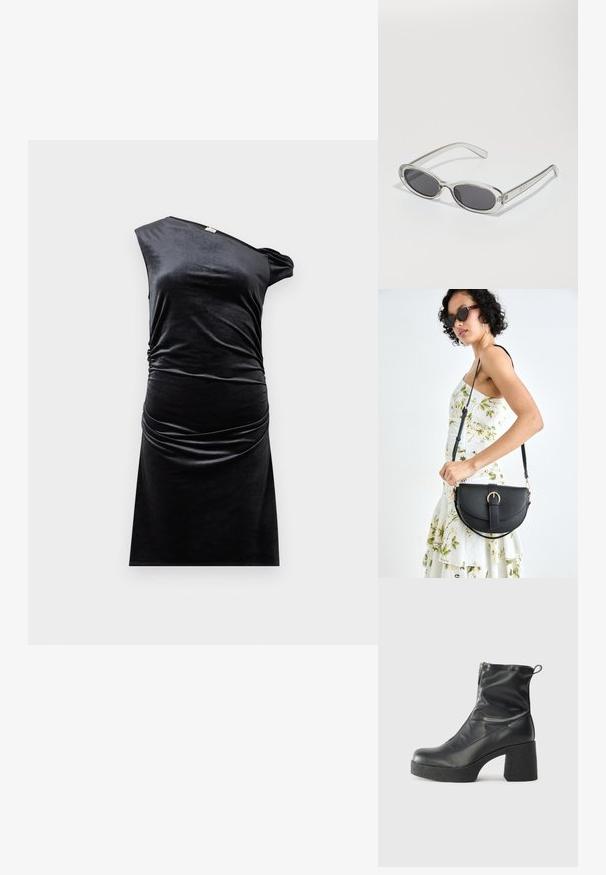 Fekete bársonydressz egy vállpántos dizájnnal, gyűrött oldallal és testhezálló fazonnal. Simás textura, térd hosszúságú és minimalista stílusú.; Fekete bokacsizmák sima bőrből, oldalsó cipzárral, vastag, texturált sarkú és lekerekített orrú dizájnnal.; Ovális formájú napszemüveg, átlátszó műanyag keret, sötétszürke lencsék és vékony, átlátszó szárak, logóakkcentussal és minimális díszítéssel.; Fekete bőrtáska ívelt formával, levehető pánttal és arany színű fémrészekkel. A táskán egy csattal díszített fedél található.