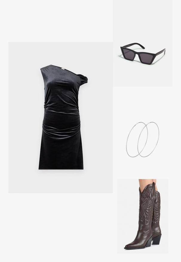 Čierne zamatové šaty s dizajnom jedného ramena, zberanou stranou a priliehavým strihom. Hladká textúra, po kolená a minimalistický štýl.; Hnedé kožené kovbojské topánky s špicatou špičkou a blokovým podrážkou, so zložitým prešívaním a vyvýšenými akcentmi na puzdre.; Čierne, ostré slnečné okuliare so sivými sklami; vyrobené z plastu, majú hrubé ramená s hladkým povrchom a bez viditeľnej mechaniky.; Strieborné kruhové náušnice s minimalistickým dizajnom. Cirkulárny tvar, hladký povrch a tenký profil. Ľahké s lesklým povrchom.
