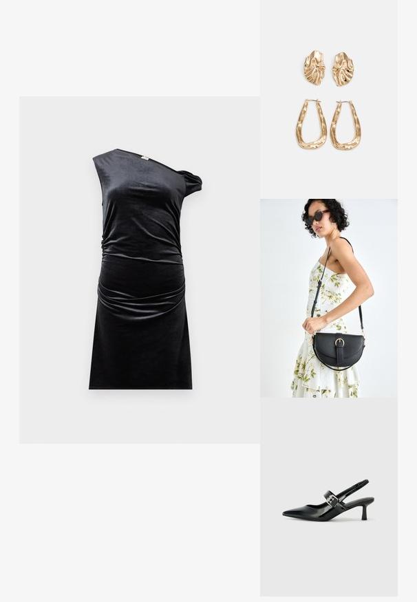 Svart fløyelskjole med én skulderdesigne, rufset side og kroppsnær fasong. Glatt tekstur, kne-lengde og minimalistisk stil.; Svarte patent lær slingback hæler med spiss tå og en liten blokkheel, med en sølvspenne som detalj på stroppen.; Svart lærveske med en buet form, avtagbar stropp og gullbeslag. Vesken har et klaff med spenne-detall.; Gullfargede øredobber med teksturerte, bølgete former. Inkluderer skulpturelle klipsstuds og åpen hoop-design med en hamret finish.