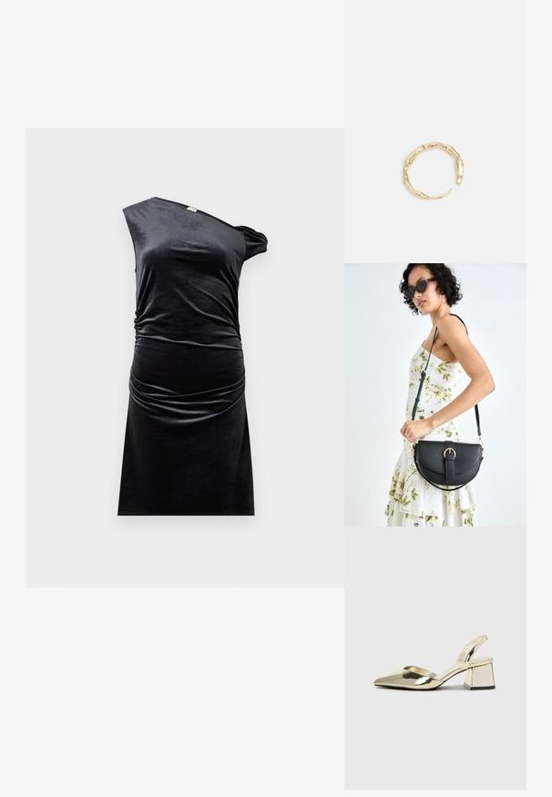 Crna žametna obleka z enoramenskim dizajnom, nabranimi stranicami in prilegajočo obliko. Gladka tekstura, do kolen in minimalističen slog.; Zlati, kovinski slingback čeveljci z ostrim nosom in masivnim peto. Gladka tekstura, minimalistična zasnova in ozka zanka.; Črna usnjena torbica s ukrivljeno obliko, z odstranljivo naramnico in zlatimi dodatki. Torbica ima pokrov s podrobnostmi v obliki zaponke.; Zlati prstan s organskim, zvitim dizajnom, gladko površino in taperiranimi konci, ki ustvarja modernega, skulpturalnega videza.