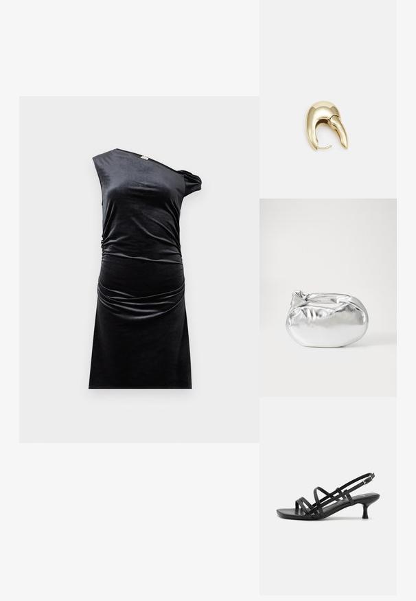 Juodas kad bordo aksomo su vienu pečiu, susirinkta šonine dalimi ir prigludusia forma. Lygus paviršius, iki kelių ilgio ir minimalistiško stiliaus.; Juodos aukštakulnės šlepetės su keliais perrištomis juostelėmis. Lygi medžiaga, smailas nosis ir siauras kulnas. Reguliuojama kulkšnies juostelė su sagtimi.; Sidabrinė metalinė maišelio forma su švelnia, apvalia forma ir mazgu užveriamu viršumi. Pagaminta iš lygios dirbtinės odos medžiagos.; Aukso tono metalinės auskarai su stilingu, kreiviu dizainu. Išsiskiria ryškiu smailiu pavidalu, poliruota paviršiumi ir užsegimu su vyriu.