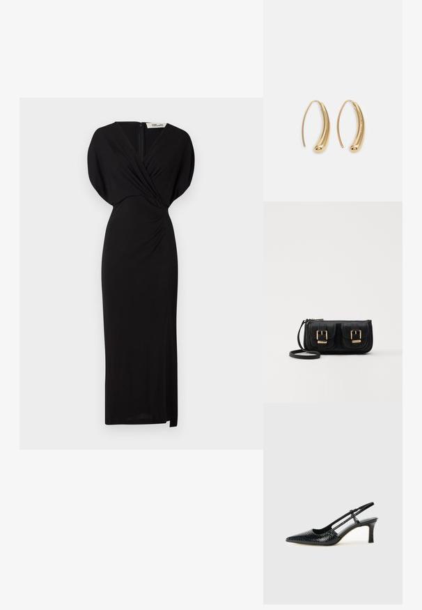 Diane von Furstenberg WILLIAMS DRESS - Kokteilinė suknelė / vakarėlių suknelė - black; Juodai lakuoti slingback aukštakulniai su smailiu nosiu, su tekstūruotu gyvatės raštu, reguliuojama juosta ir trumpu, tekstūruotu blokiniu kulnu.; Juodas odinis per petį nešiojamas krepšys su dviem priekiniais kišenėmis, auksiniais sagtimis, užtrauktuko uždarymu ir siauromis petnešomis. Textūruota paviršius ir kompaktiškas stačiakampis formatas.; Auksinės metalinės auskarų kabės su lenktą, pailgą forma. Turi lygų, blizgantį paviršių ir užapvalintą galiuką papildomam akcentui.