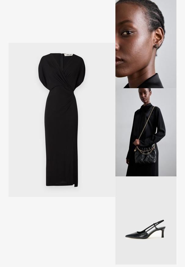 Diane von Furstenberg WILLIAMS DRESS - Vestido de cóctel - black; Tacón slingback negro de charol con punta afilada, que presenta un estampado de serpiente texturizado, correa ajustable y un tacón bloque corto y texturizado.; Bolso de mano de cuero negro acolchado con parte superior fruncida, correa de cadena dorada y forma rectangular, sostenido contra un fondo liso.; Los pendientes de botón dorados con flor presentan un centro negro texturizado y un delicado diseño. Se puede ver el perfil del modelo con su piel clara y cabello trenzado.