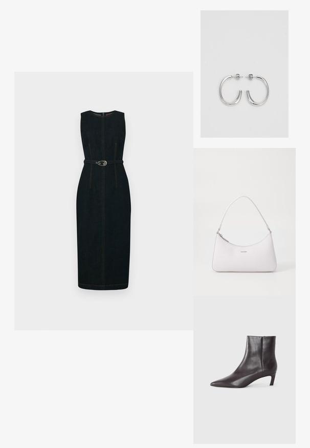 Temno modra obleka brez rokavov iz jeansa, s prileganim pasom, usklajenim pasom s srebrno okroglo zaponko in kontrastnimi detajli šivov.; Črne usnjene gležnjarje s koničastim nosom in nizko mačjo peto, z gladkim površjem, stranskim zadrgo, prikazane na nevtralni podlagi.; Roza usnjena torba čez ramo s ukrivljeno zasnovo, zadrgo in srebrnimi dodatki. Minimalistični logotip na sprednji strani.; Srebrne obročaste uhane z gladko, sijočo površino. Zaobljena oblika, lahka zasnova, z zapiranjem na zatič.