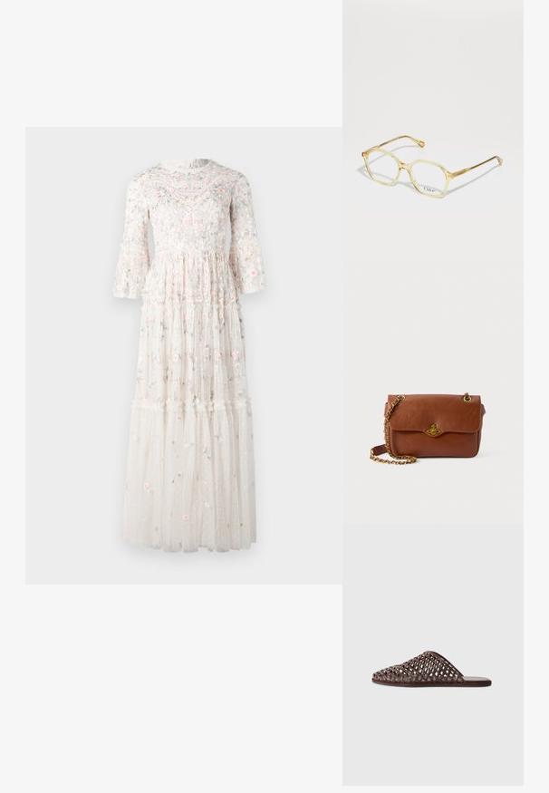 Robe maxi en tissu transparent blanc, ornée de broderies florales en rose et bleu, avec des manches évasées et des volants superposés à l'ourlet.; Sandale glissière tissée marron avec une pointe arrondie, un design ouvert, une semelle plate et une surface texturée. Matériau léger et silhouette minimaliste.; Monture de lunettes en acrylique transparent jaune avec une forme octogonale, dotée de branches en métal doré et du logo "Chloé" sur les verres.; Sac en cuir marron à bandoulière avec une fermeture à rabat, quincaillerie dorée et une anse en chaîne. Texture lisse, forme rectangulaire, détails minimalistes.