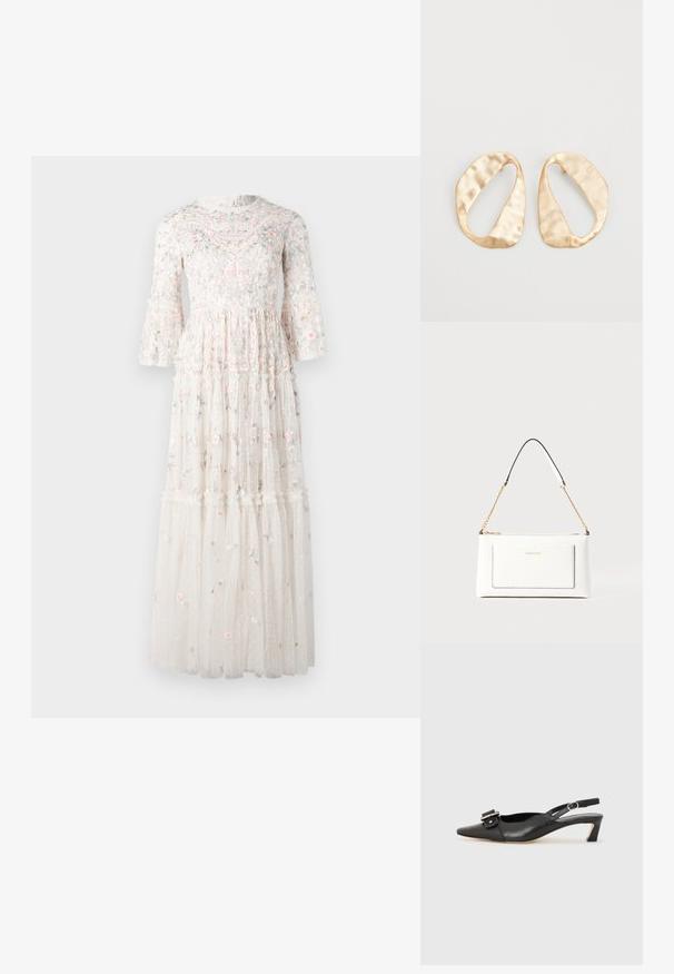 Robe maxi en tissu transparent blanc, ornée de broderies florales en rose et bleu, avec des manches évasées et des volants superposés à l'ourlet.; Chaussure slingback en cuir noir avec un bout pointu, un petit talon et un détail de boucle décoratif sur le dessus. Texture lisse, design minimaliste.; Sac à main en cuir blanc avec un fini texturé, doté d'une bandoulière en chaîne dorée et d'accents noirs. Comprend une poche avant et une fermeture éclair.; Une paire de boucles d'oreilles en métal doré, de forme ovales irrégulières, avec une surface texturée et légèrement martelée sur fond blanc.
