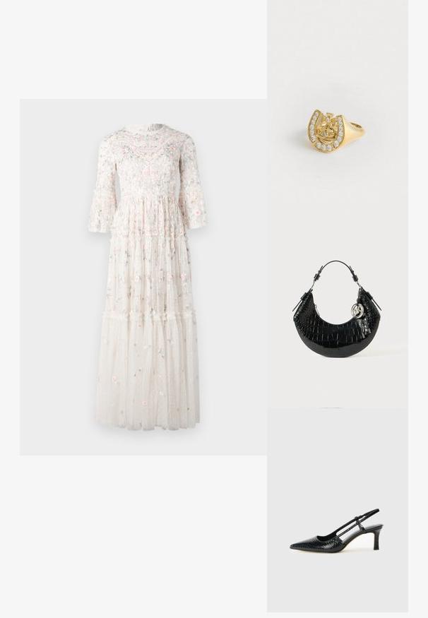 Maxi dress made of sheer white fabric, featuring floral embroidery in pink and blue, flared sleeves, and tiered ruffles at the hem.; Black patent slingback heel with a pointed toe, featuring textured snake print, adjustable strap, and a short, textured block heel.; Black faux croc-embossed handbag featuring a curved design, short handle, metal hardware, and a decorative silver accent.; Gold ring with a crown design inside a horseshoe, decorated with small clear gemstones, on a white background.