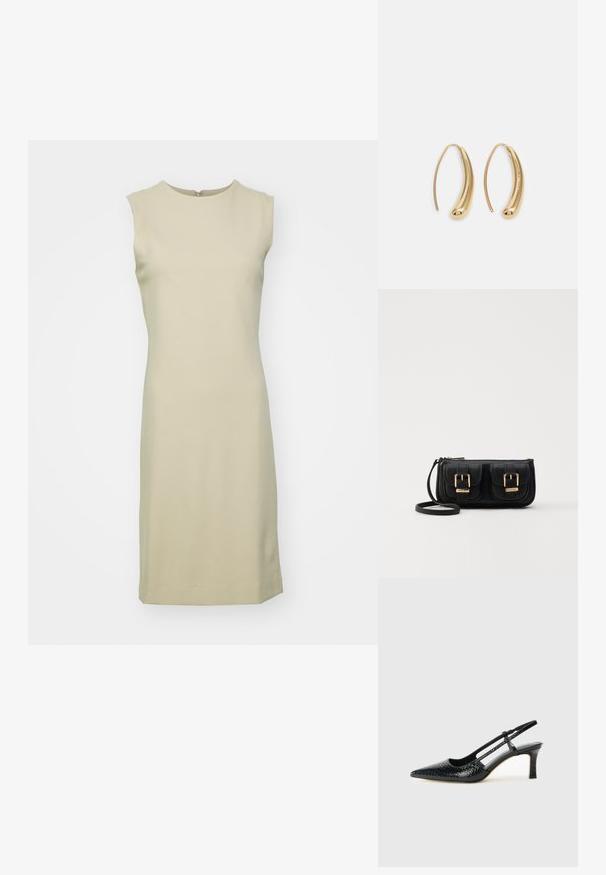 Bez piedurknēm, ceļu garuma kleita gaisā bēžā krāsā, izgatavota no gludas, elastīgas auduma, ar apaļu kakla izgriezumu un diskrētu aizmugures rāvējslēdzēju.; Melna patent āda ar slīdošo papēdi un smailo purngalu, ar teksturētu čūsku drukājumu, regulējamu siksniņu un īsu teksturētu blokpapēdi.; Melnas ādas crossbody soma ar divām priekšējām kabatām, zelta sprādzēm, ar rāvējslēdzēju aizdari un šauru siksnu. Strukturēta virsma un kompakta taisnstūra forma.; Zelta toņu metāla gredzena auskari ar izliektu, pagarinātu formu. Ar gludu, spīdīgu virsma un noapaļotu galu papildu detaļām.