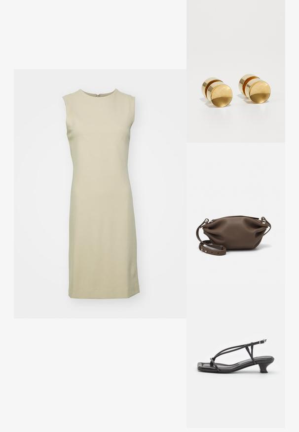 Ärmelloses, knielanges Kleid in hellem Beige, aus glattem, elastischem Stoff mit Rundhalsausschnitt und einem unauffälligen Reißverschluss auf der Rückseite.; Schwarze Leder-Sandale mit dünnen Riemen, niedrigem Blockabsatz und quadratischer Spitze. Sie verfügt über einen Schnallenverschluss und eine glatte Textur.; Braune Lederhandtasche mit einem weichen, strukturierten Design, ausgestattet mit einem oberen Reißverschluss und einem verstellbaren Riemen mit silbernen Hardware-Akzenten.; Goldene Metallohrringe in einfacher runder Form mit einer glatten Oberfläche und einem zentralen polierten Band. Durchmesser von ca. 1 cm.