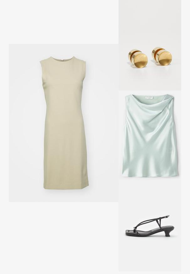 Ujjatlan, térd hosszúságú ruha világos bézs színben, sima, rugalmas anyagból készült, kerek nyakkivágással és diszkrét hátsó cipzárral.; Világoskék selyem ujjatlan top, drapírozott cowl nyakkivágással és sima textúrával. A címke szerint "Tiger of Sweden 1993."; Fekete bőr szandál vékony pántokkal, alacsony blokk sarkú és négyzetes orrú. Csattal záródik és sima textúrájú.; Arany fém fülbevalók egyszerű, kerek formával, sima felülettel és középen fényes sávval. Átmérője körülbelül 1 cm.