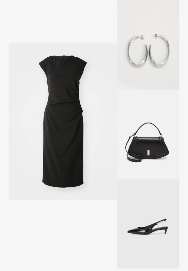 Schwarzes ärmelloses Kleid mit rundem Ausschnitt, glattem Stoff, figurbetontem Schnitt und seitlicher Drapierung. Reißverschluss hinten. Einfaches, elegantes Design.; Schwarze Leder-Slingback-Pumps mit spitzem Schuhblatt, ausgestattet mit einem schlanken Absatz und einem goldfarbigen Akzent am verstellbaren Riemen. Glatte Textur.; Schwarze Lederhandtasche mit einem strukturierten Design, das eine verkürzte Form, einen oberen Griff und goldfarbene Hardware-Details aufweist. Verstellbarer Schulterriemen ist enthalten.; Silberne Creolen mit einem glatten, geschwungenen Design. Mit einem glänzenden metallischen Finish und Steckverschluss. Keine sichtbaren Muster oder Akzente.