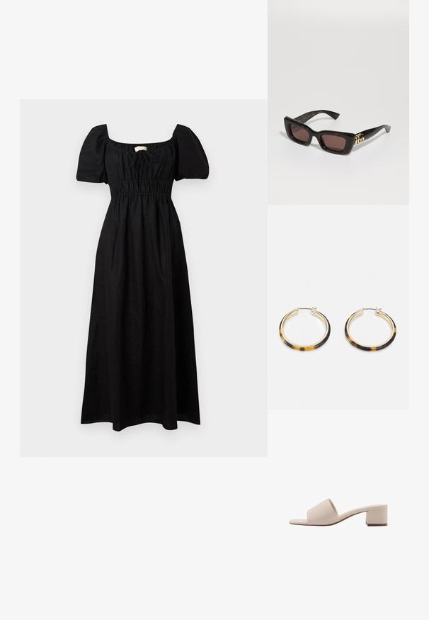 Čierne ľanové maxi šaty so štvorcovým výstrihom, krátkymi puff rukávmi, elastickým pásom a splývavou sukňou. Minimalistický dizajn s hladkou textúrou.; Bežové sandále na blokovom podpätku s širokým remienkom a otvorenou špičkou. Hladký materiál a elegantný dizajn. Krátky, pevný podpätok pre stabilitu.; Čierne korytnačie slnečné okuliare s obdĺžnikovými šošovkami, hnedým odtieňom, hrubým rámom a zlatým detailom dvojitého loga G na spánku.; Zlaté náušnice vo forme kruhov so vzorom žiabra na vonkajšej hrane z živice, s hladkým povrchom a elegantným, okrúhlym tvarom.