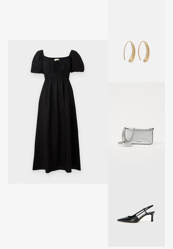 Čierne ľanové maxi šaty so štvorcovým výstrihom, krátkymi puff rukávmi, elastickým pásom a splývavou sukňou. Minimalistický dizajn s hladkou textúrou.; Čierne patentové slingback topánky na ihlovom podpätku s špicatou špičkou, s textúrovaným hadím vzorom, nastaviteľným popruhom a krátkym, textúrovaným blokovým podpätkom.; Strieborná kožená crossbody taška s textúrovaným povrchom, reťazcovými a ramennými akcentmi a zipsovým uzáverom. Na prednej strane sa nachádza logo.; Náušnice vo forme zlatých kovových kruhov s zakriveným, predĺženým tvarom. Majú hladký, lesklý povrch a zaoblený koniec pre pridanie detailu.