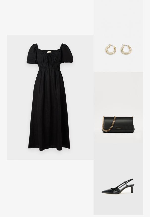 Fekete vászon maxi ruha négyzet alakú nyakkivágással, rövid puffos ujjakkal, rugós derékkal és áramló szoknyával. Minimalista dizájn, sima textúrával.; Fekete lakk slingback sarok, hegyes orral, texturált kígyómintával, állítható pánttal és rövid, texturált tömbsarkal.; Fekete bőr kisméretű táska arany lánccal, sima felülettel, téglalap alakú, és dombornyomott márkázással az elején.; Lauren Ralph Lauren BASIC SMALL HOOP - Fülbevalók - gold-coloured