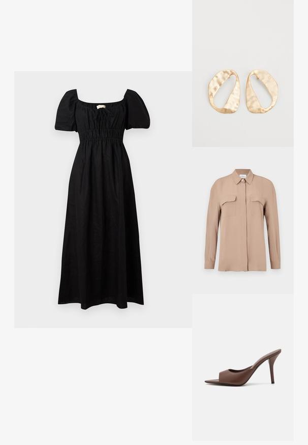 Czarna lniana sukienka maxi z kwadratowym dekoltem, krótkimi bufkami, elastycznym pasem i zwiewnym dołem. Minimalistyczny design o gładkiej fakturze.; Beżowa koszula na długi rękaw na guziki, wykonana z lekkiego materiału. Posiada dwie kieszenie na piersi oraz klasyczny kołnierz, z prostym krojem i minimalistycznym designem.; Brązowe skórzane klapki na wysokim obcasie z odkrytymi palcami o eleganckim wzornictwie, z szerokim przednim paskiem i smukłym obcasem typu stiletto.; Para nieregularnych, owalnych kolczyków ze złotego metalu o teksturowanej, lekko młotkowanej powierzchni na białym tle.