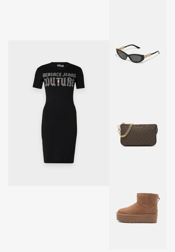 Rochie neagră, ajustată, dintr-un material moale, cu gât rotund și mâneci scurte. Partea din față afișează un text mare argintiu "Versace Jeans Couture".; Botine din suede de culoare bej, cu talpă platformă, vârf rotund și detalii de cusătură; dispune de un mânere la spate pentru a fi ușor de încălțat.; Ochelari de soare negri în formă de ochi de pisică, cu lentile întunecate, dotati cu accente geometrice aurii pe brațe și o finisare mată elegantă.; Geantă de umăr din piele maro, cu model logo, curea cu lanț aurit, închidere cu fermoar și accente aurii. Formă compactă și rectangulară.