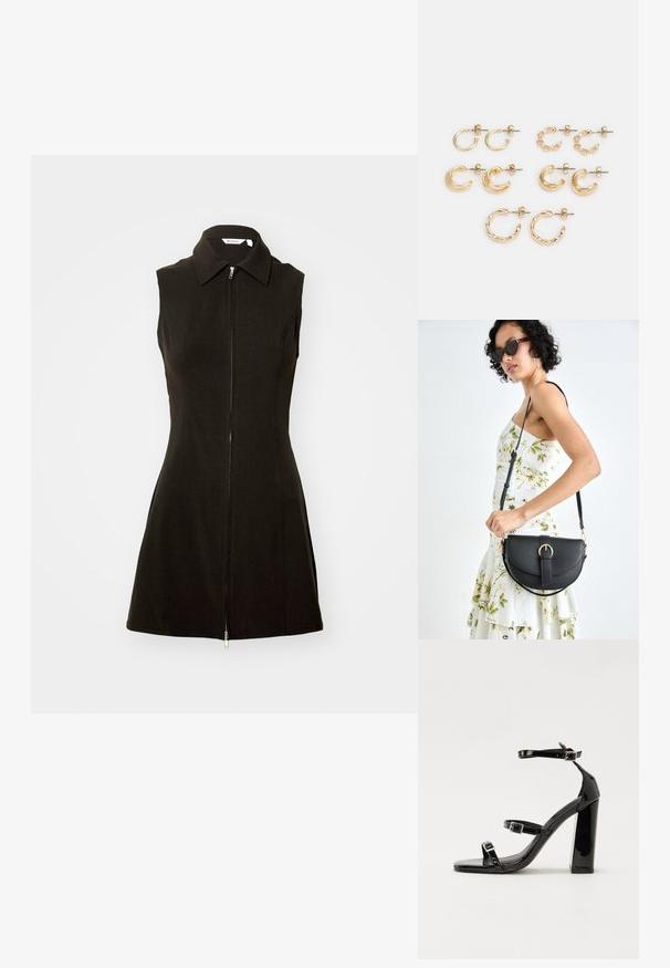 Musta hihaton mekko, jossa on kauluspääntie ja etuvetoketju, valmistettu sileästä kankaasta, jossa on tiukka siluetti ja levenevä helma.; Musta kiiltävä korkokenkä sandaalit neliönmuotoisella varpaalla, nilkkaremmillä ja hopeisilla soljilla. Varustettu tukevalla lohkokorkealla vakauden takaamiseksi.; Musta nahkainen käsilaukku, joka on kaareva muotoilultaan, irrotettavalla hihnalla ja kultaisilla yksityiskohdilla. Laukussa on läppä, jossa on solk yksityiskohta.; Kultaiset korvakorut, joissa on erilaisia muotoja: pienet renkaat, paksut kuutioiset ja ketjuelementit. Suhteellisen sileät ja teksturoidut pinnat.