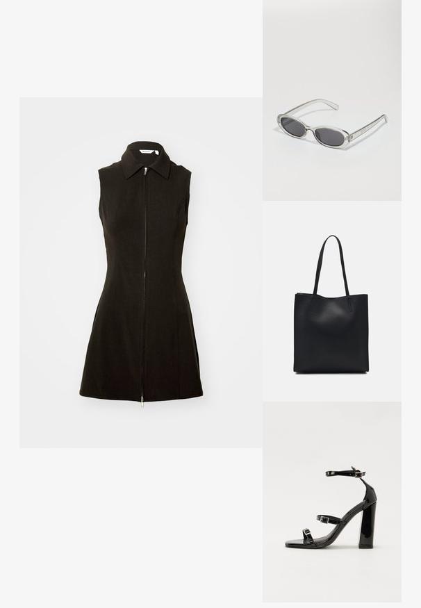 Schwarzes ärmelloses Kleid mit kragenförmigem Ausschnitt und Reißverschluss vorne, aus glattem Stoff mit einer figurbetonten Silhouette und ausgestellt geschnittenem Saum.; Schwarze patentierte Sandalen mit Absatz, quadratischer Spitze, Knöchelriemen und silbernen Schnallen. Mit einem stabilen Blockabsatz für mehr Stabilität.; Sonnenbrille mit ovaler Form, klarem Kunststoffrahmen, dunkelgrauen Gläsern und dünnen transparenten Bügeln mit Logo-Akzenten und minimalen Details.; Schwarze Laptoptasche aus Leder mit glatter Textur, rechteckiger Form und zwei langen Griffen. Keine sichtbaren Beschläge oder Verzierungen.