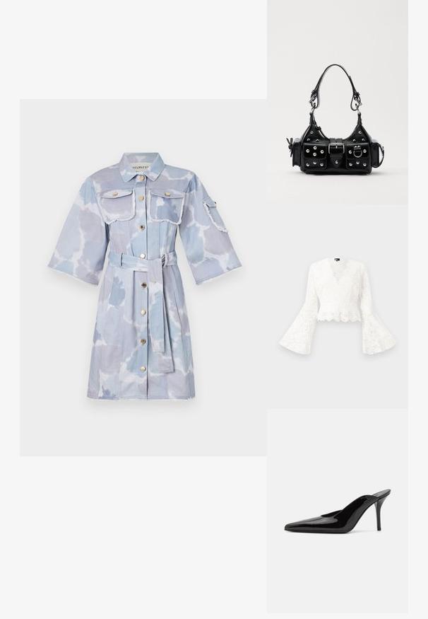 Svetlo modra jeans obleka z veznim pasom, dvema žepoma na prsih in kratkimi rokavi. Zastrti robovi in oblake podobni vzorci po celotni obleki.; Bela čipkasta kratka jakna z zvončastimi rokavi, ki se ponaša z valovitim robom in globokim V-izrezom. Mehka tekstura z zapletenimi cvetličnimi vzorci.; Črne patentirane čevlje s peto, z usko silhueto in koničastim nosom, z odprtim hrbtom in vitko stiletto peto.; Črna usnjena torbica s ukrivljenim dizajnom, ki vsebuje srebrne žebljičke, zaponko in dve stranski žepki. Nastavljiv trak za različne možnosti nošenja.
