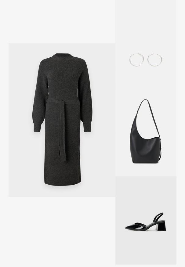 Rochie tricotată gri închis cu mâneci lungi și bufante și un cordon asortat în talie. Siluetă dreaptă și gât rotund.; Pantofi cu toc slingback din piele lacuită neagră, cu vârf ascuțit și toc geometric. Prezintă un design elegant, minimalist și o textură netedă.; Geantă hobo din piele neagră, cu o textură netedă, formă curbată și un singur bretele ajustabil; are o deschidere largă în partea de sus.; Cercei din argint cu un design elegant și rotund, având o suprafață netedă și fără embellismente vizibile. Diametrul nu este specificat.