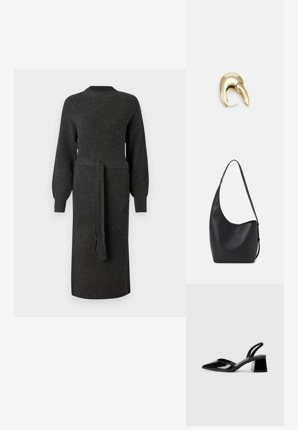 Sötét szürke kötött ruha hosszú puffos ujjakkal és derékban illeszkedő övvel. Egyenes sziluett és kerek nyakkivágás.; Fekete lakk bőr szandálkés magas sarkú cipő, hegyes orral és geometrikus tömbsarkakkal. Karcsú, minimalista dizájn és sima textúra jellemzi.; Fekete bőr hobo táska sima textúrával, ívelt formával és egyetlen állítható pánttal; széles nyílás található a tetején.; Aranyszínű fém fülbevaló, elegáns, ívelt formával. Különleges hegyes alak, fényes felszín és zsanéros záródás jellemzi.